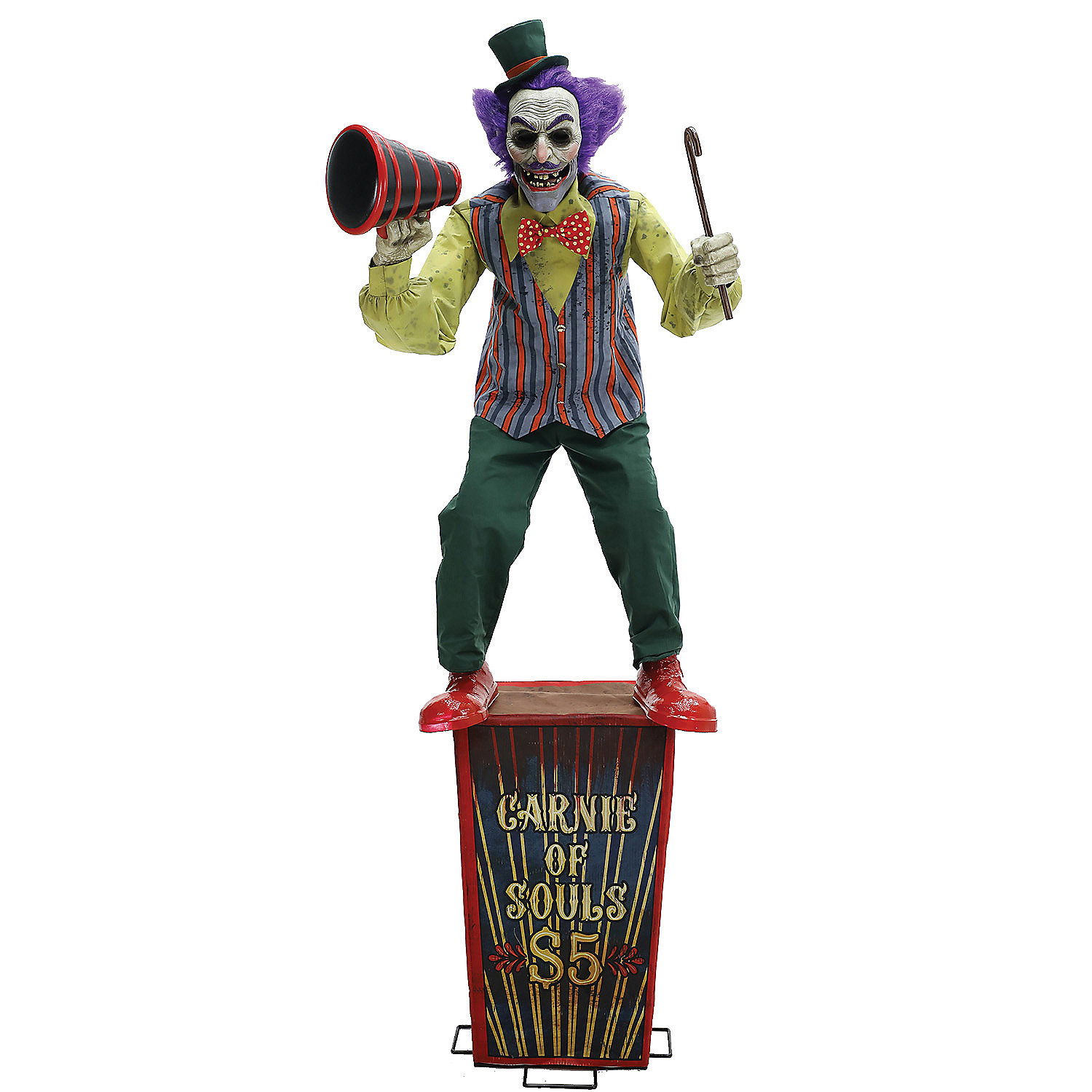 Six-foot animated carnival barker Halloween decoration